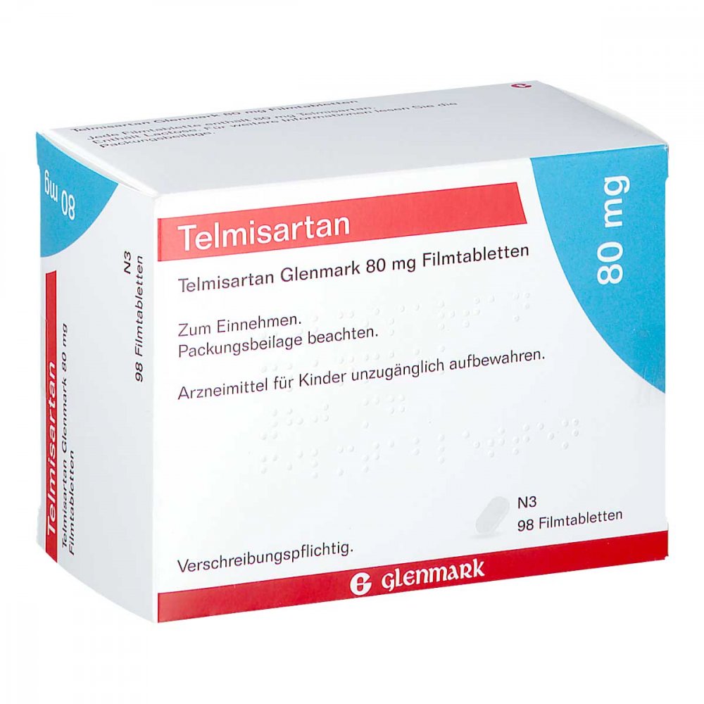 Das Produktfoto zeigt Telmisartan Glenmark 80 Mg Filmtabletten (98 stk) PZN 11047708