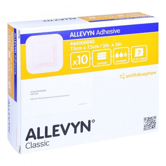 Das Produktfoto zeigt Allevyn Adhesive 7,5x7,5 Cm Haftende Wundauflage (10 stk) PZN 11049015