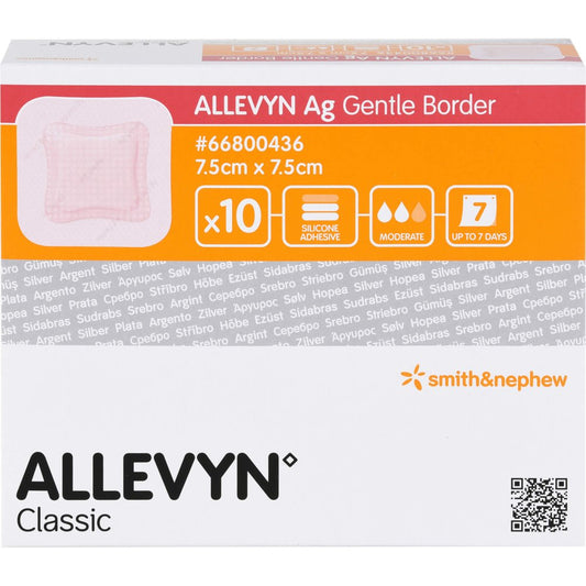 Das Produktfoto zeigt Allevyn Ag Gentle Border 7,5x7,5 Cm Wundverband (10 stk) PZN 11049038