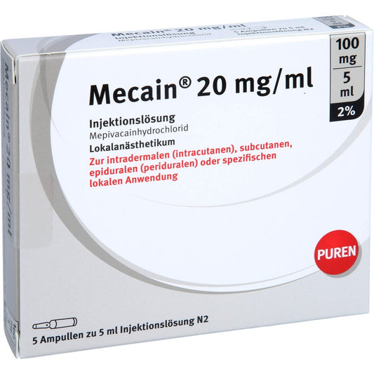 Das Produktfoto zeigt Mecain 2% 20 Mg/Ml Inj.L.100mg/5ml Glasamp. (5X5 ml) PZN 11055866