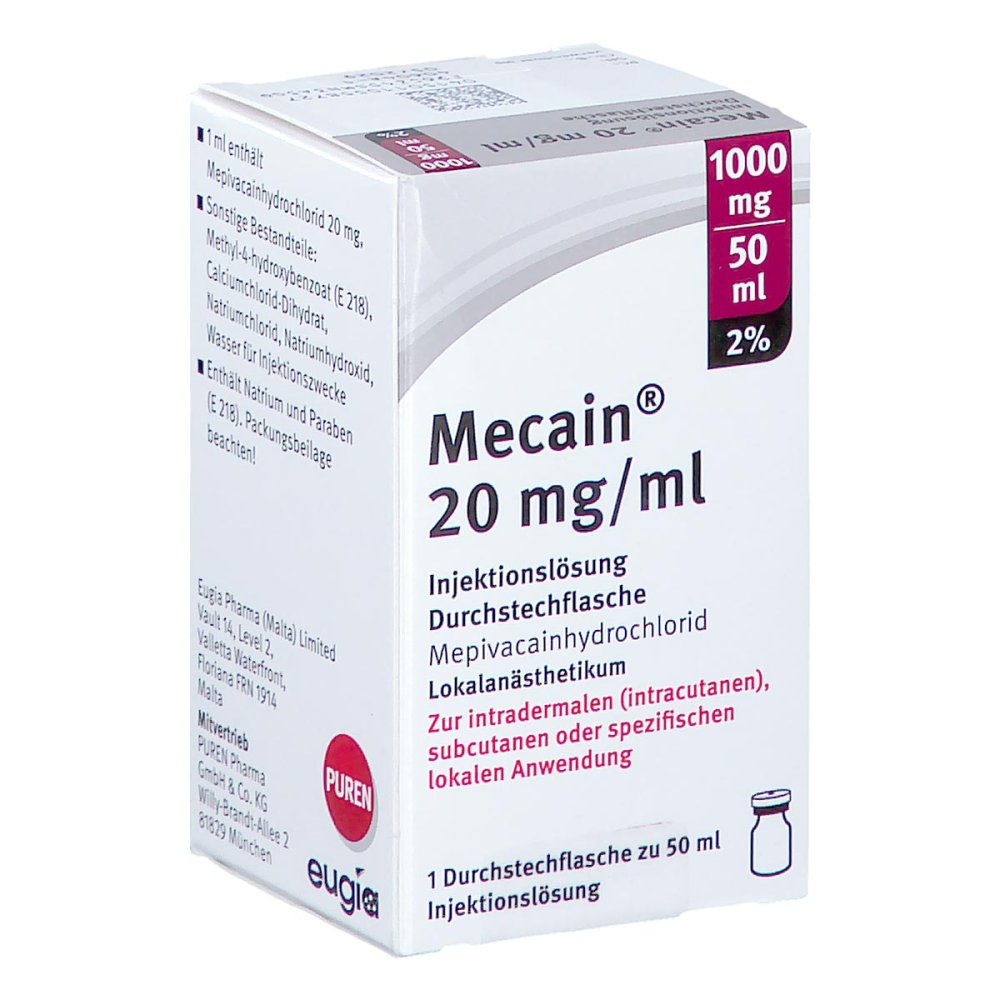 Das Produktfoto zeigt Mecain 2% 20 Mg/Ml Inj.L.1000mg/50ml Dsfl. (50 ml) PZN 11055872