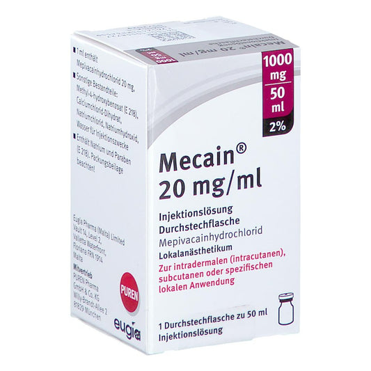 Das Produktfoto zeigt Mecain 2% 20 Mg/Ml Inj.L.1000mg/50ml Dsfl. (50 ml) PZN 11055872