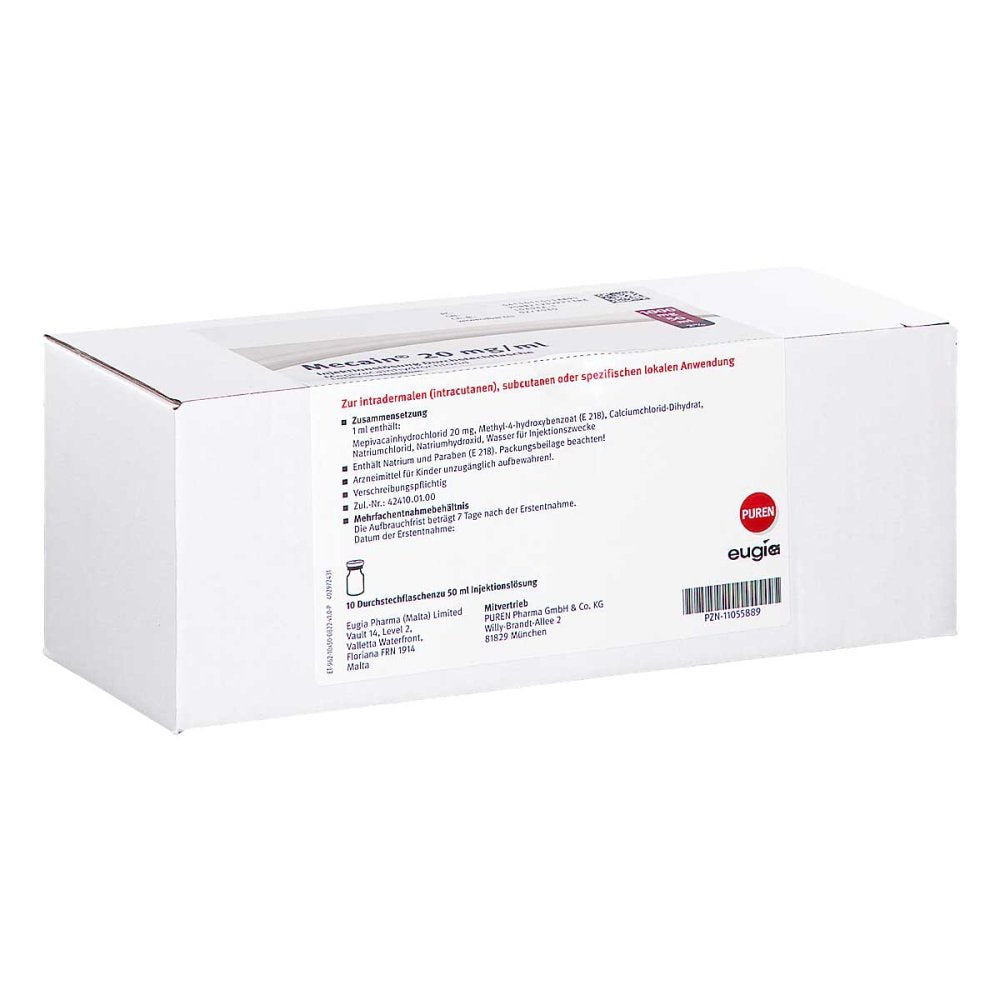 Das Produktfoto zeigt Mecain 2% 20 Mg/Ml Inj.L.1000mg/50ml Dsfl. (10X50 ml) PZN 11055889