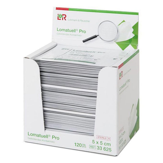 Das Produktfoto zeigt Lomatuell Pro 5x5 Cm Steril (120 stk) PZN 11070110