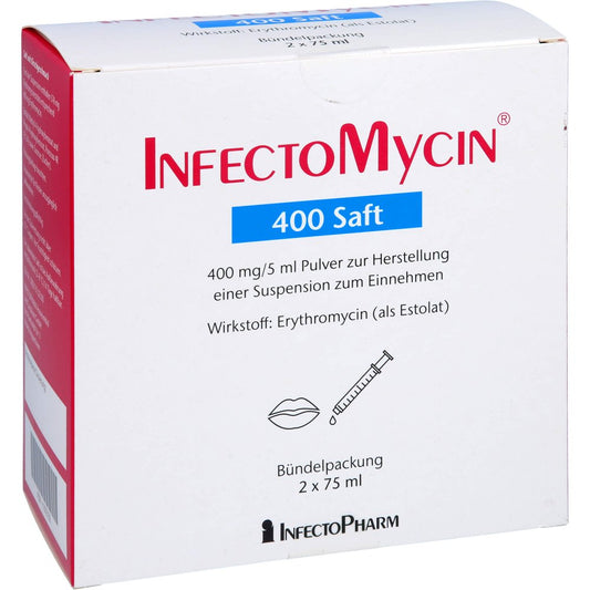 Das Produktfoto zeigt Infectomycin 400 Saft Plv.Z.Herst.E.Susp.Z.Einn. (2X75 ml) PZN 11072132