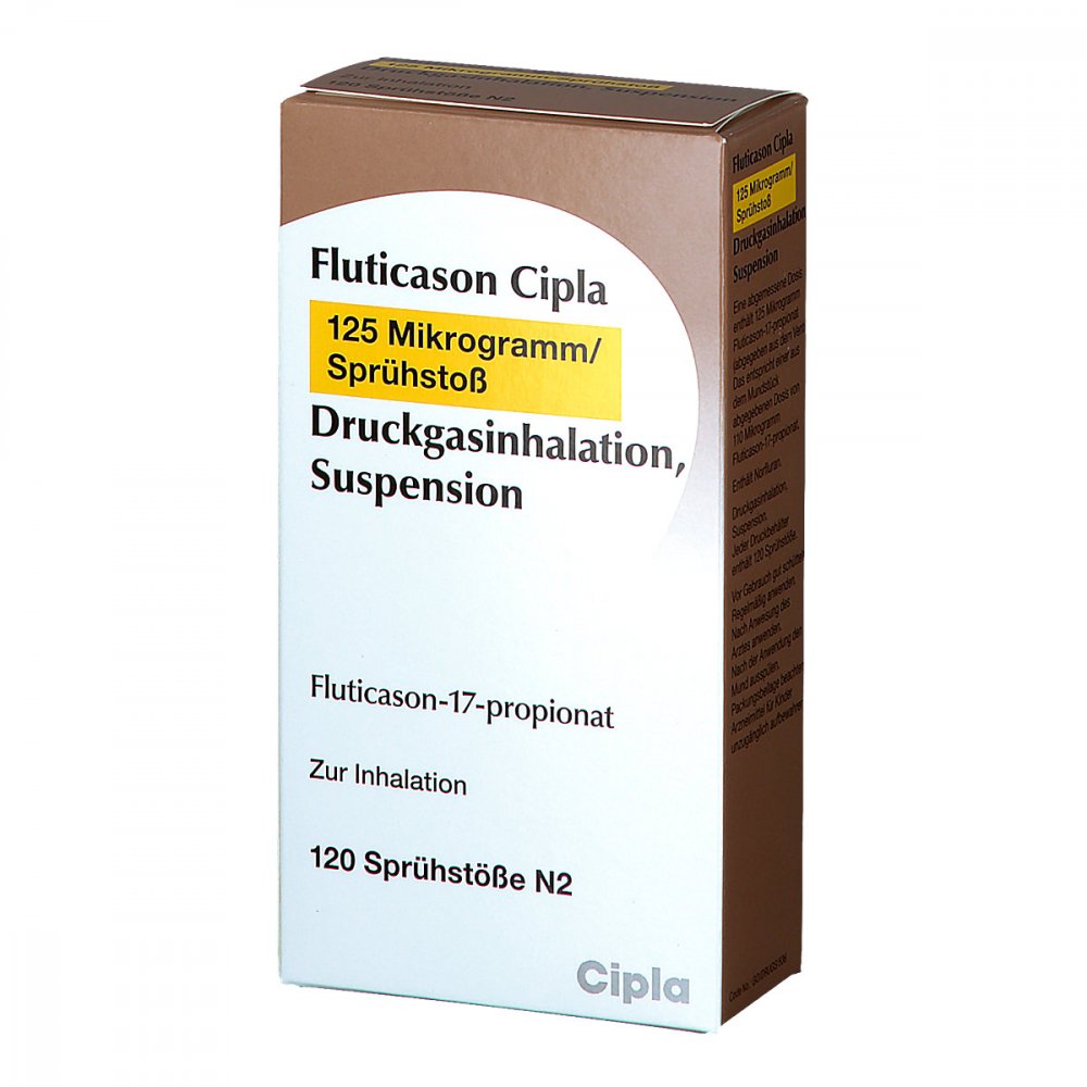 Das Produktfoto zeigt Fluticason Cipla 125 Mikrogramm/Sprühstoß 120 Hub (1 stk) PZN 11072238
