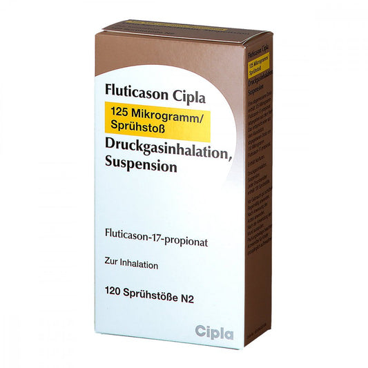 Das Produktfoto zeigt Fluticason Cipla 125 Mikrogramm/Sprühstoß 120 Hub (1 stk) PZN 11072238