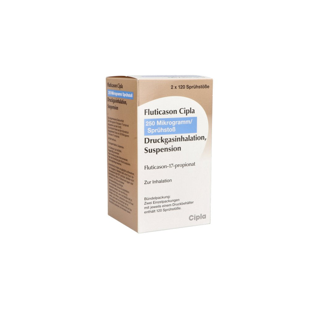 Das Produktfoto zeigt Fluticason Cipla 250 Mikrogramm/Sprühstoß 120 Hub (2 stk) PZN 11072273