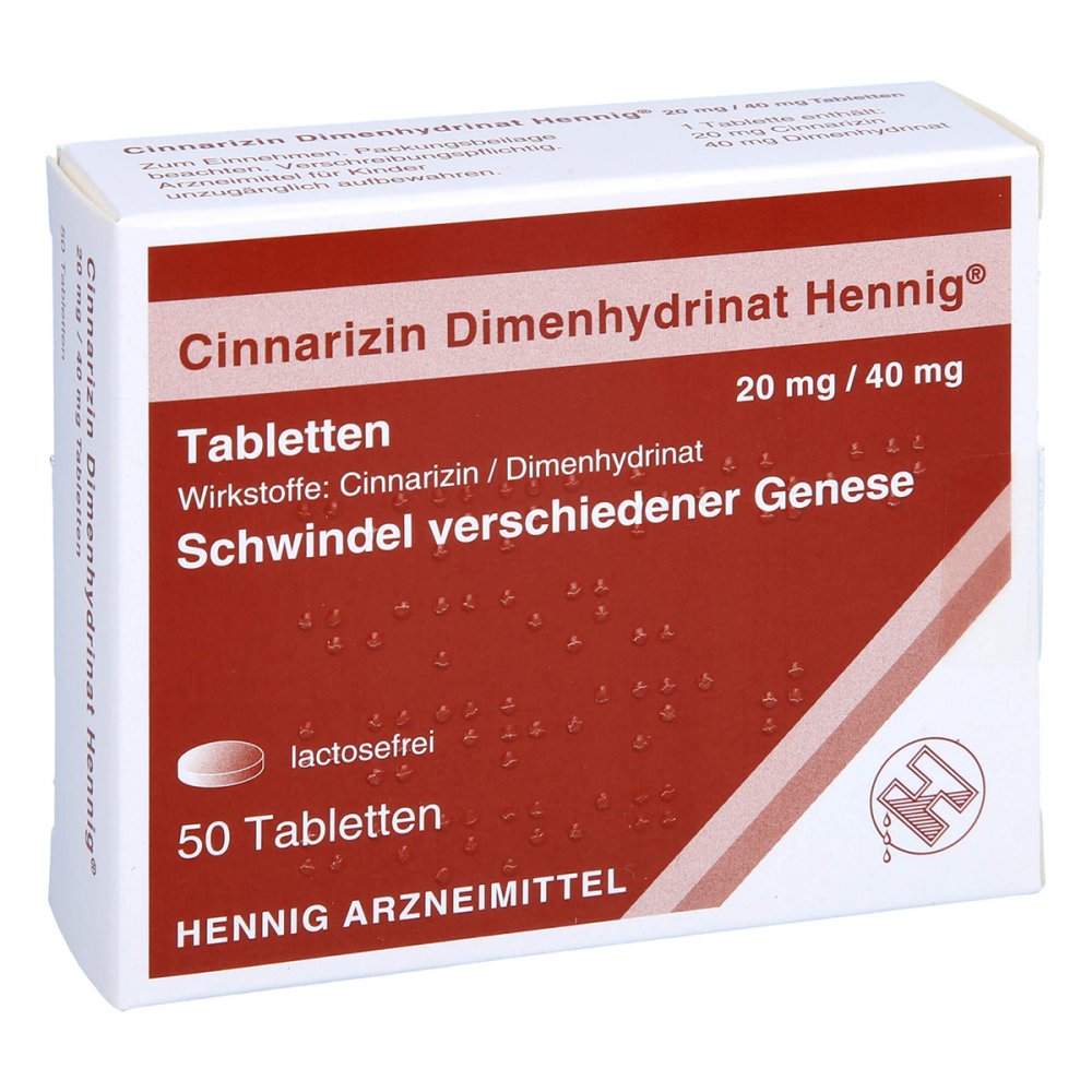Das Produktfoto zeigt Cinnarizin Dimenhydrinat Hennig 20 Mg/40 Mg Tabl. (50 stk) PZN 11083199