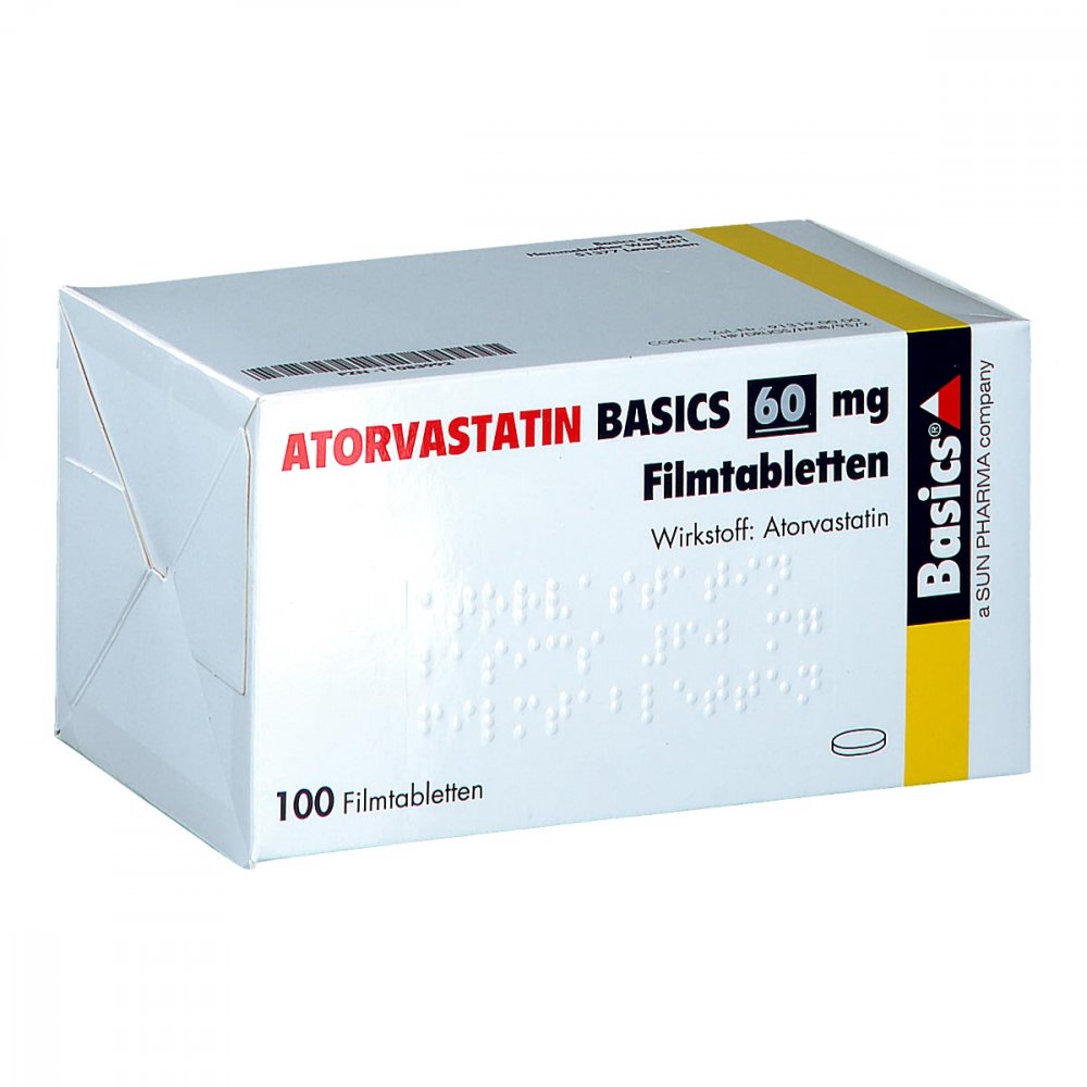 Das Produktfoto zeigt Atorvastatin Basics 60 Mg Filmtabletten (100 stk) PZN 11083992