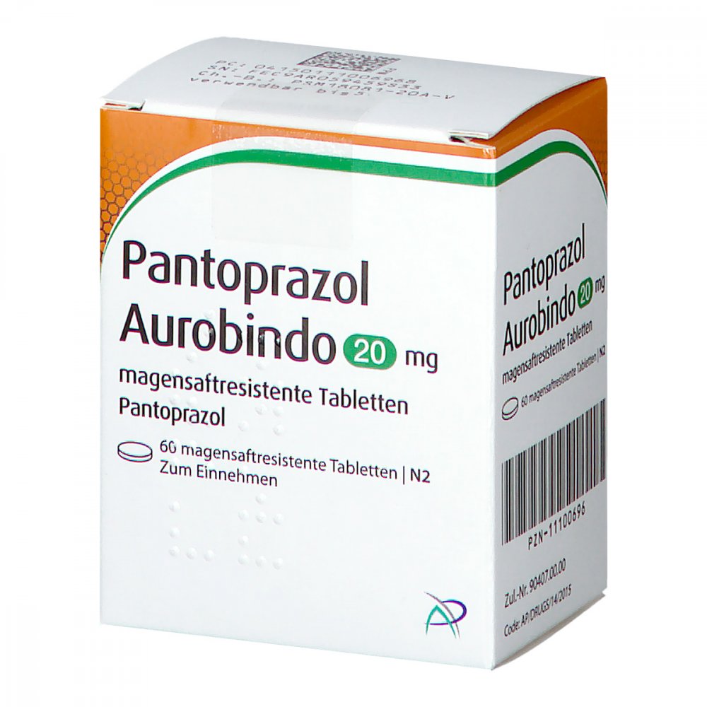 Das Produktfoto zeigt Pantoprazol Aurobindo 20 Mg Magensaftres.Tabletten (60 stk) PZN 11100696