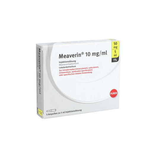 Das Produktfoto zeigt Meaverin 1% 10 Mg/Ml Inj.-Lsg.50 Mg/5 Ml Glasamp. (5X5 ml) PZN 11101388