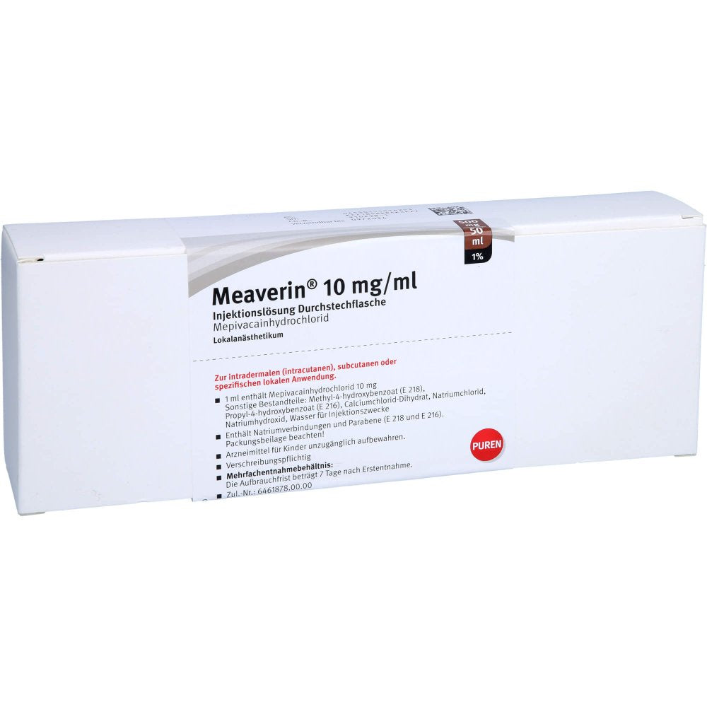 Das Produktfoto zeigt Meaverin 1% 10 Mg/Ml Inj.-Lsg.500 Mg/50 Ml Dsfl. (5X50 ml) PZN 11101425