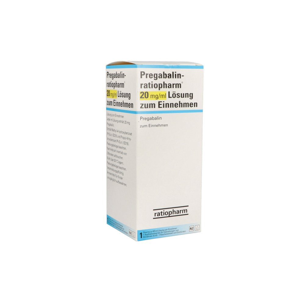 Das Produktfoto zeigt Pregabalin-Ratiopharm 20 Mg/Ml Lösung Zum Einn. (473 ml) PZN 11103743