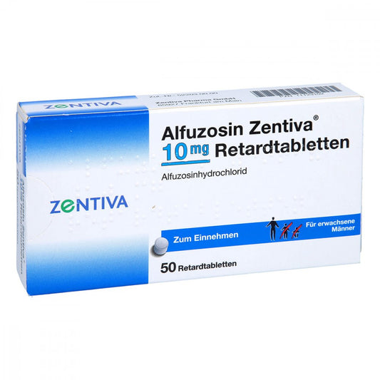 Das Produktfoto zeigt Alfuzosin Zentiva 10 Mg Retardtabletten (50 stk) PZN 11123102