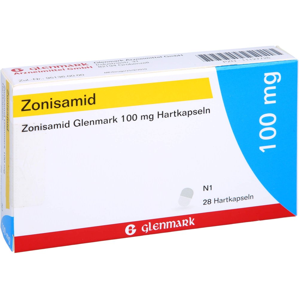Das Produktfoto zeigt Zonisamid Glenmark 100 Mg Hartkapseln (28 stk) PZN 11127726