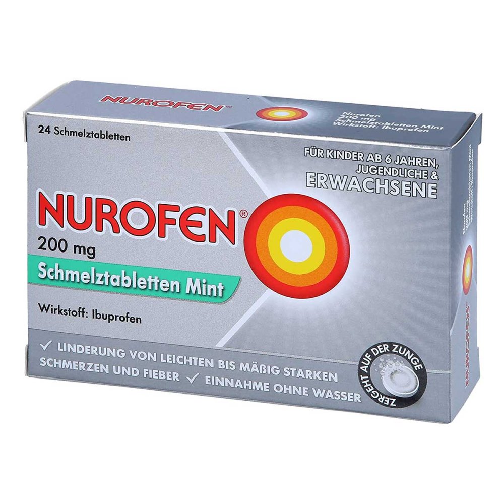 Das Produktfoto zeigt Nurofen 200 Mg Schmelztabletten Mint (24 stk) PZN 11128051
