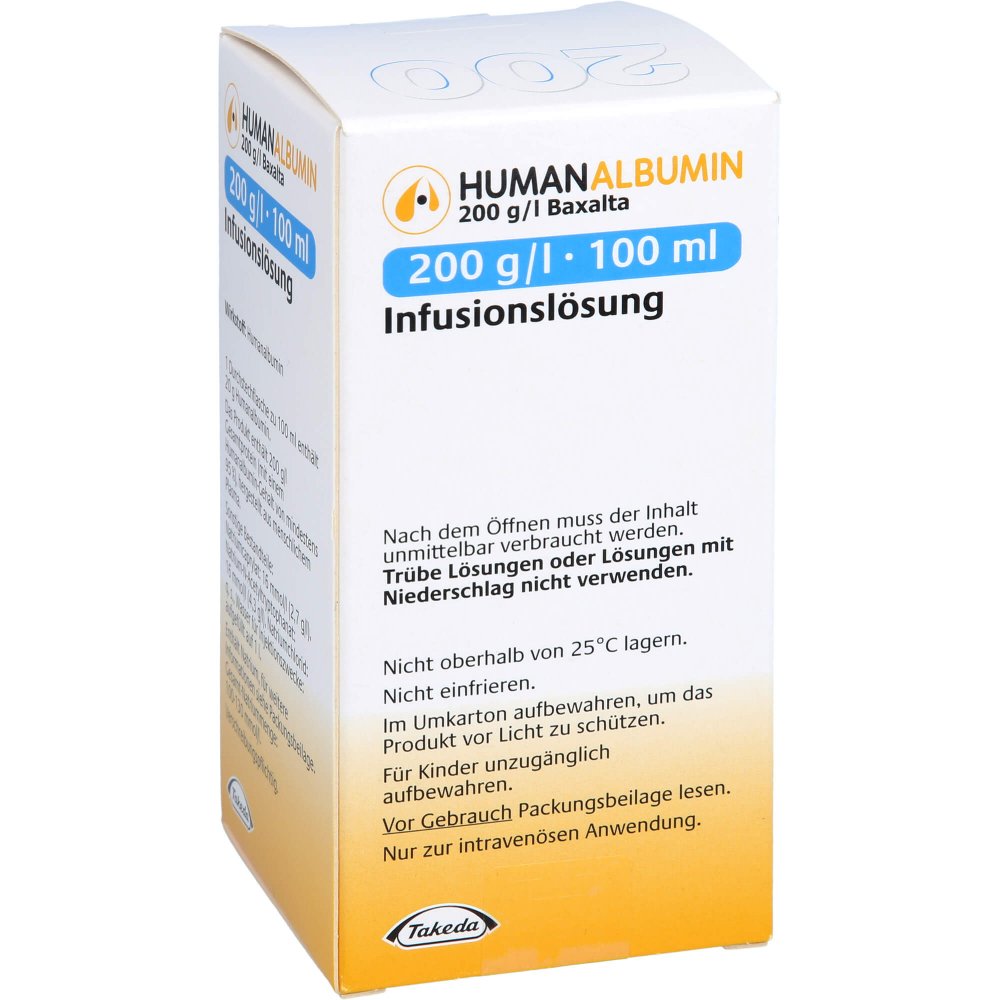 Das Produktfoto zeigt Human Albumin 200 G/L Baxalta Infusionslösung (100 ml) PZN 11128720