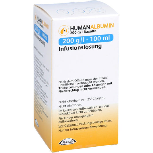 Das Produktfoto zeigt Human Albumin 200 G/L Baxalta Infusionslösung (100 ml) PZN 11128720