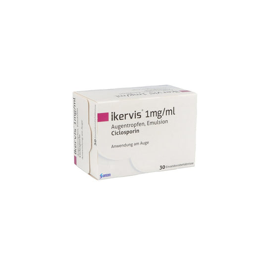 Das Produktfoto zeigt Ikervis 1 Mg/Ml Augentropfen Emuls.Einzeldosispip. (30X0.3 ml) PZN 11130763
