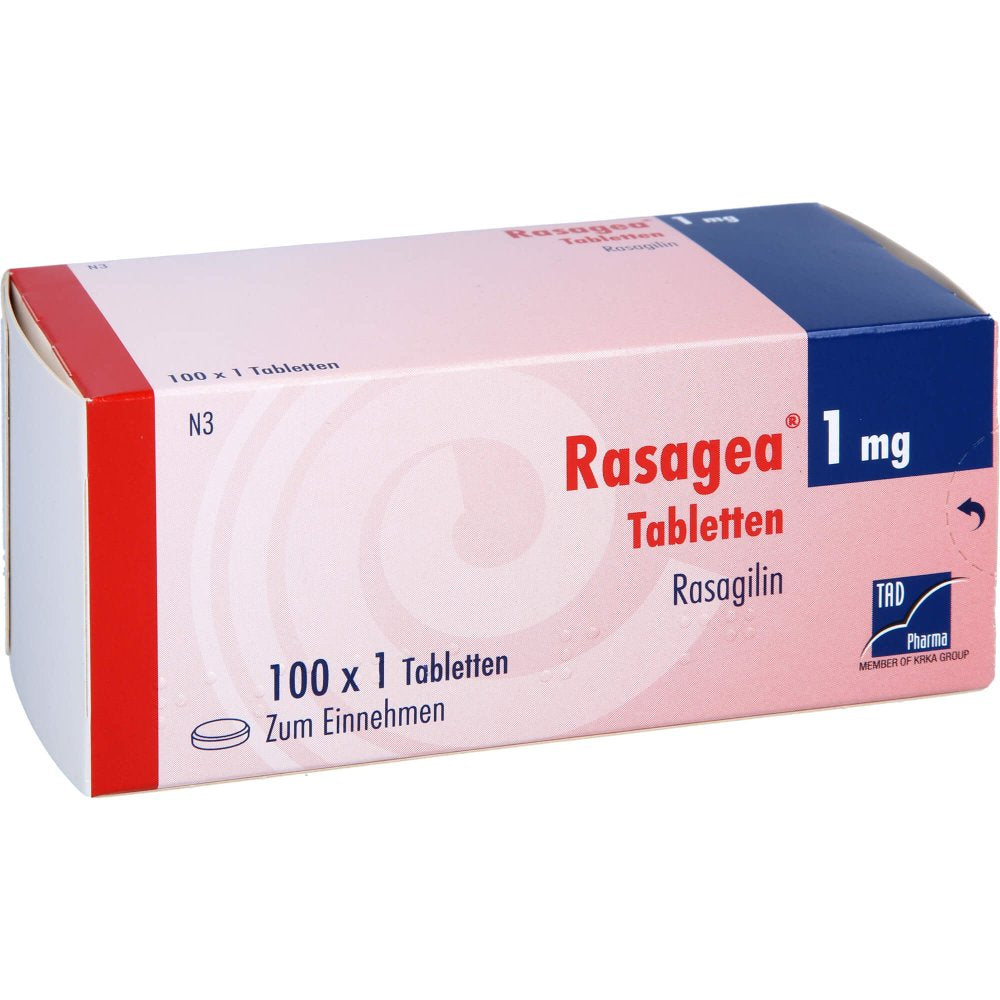 Das Produktfoto zeigt Rasagea 1 Mg Tabletten (100 stk) PZN 11130906