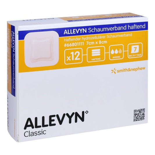 Das Produktfoto zeigt Allevyn Schaumverband 7x8 Cm Haftend (12 stk) PZN 11137676