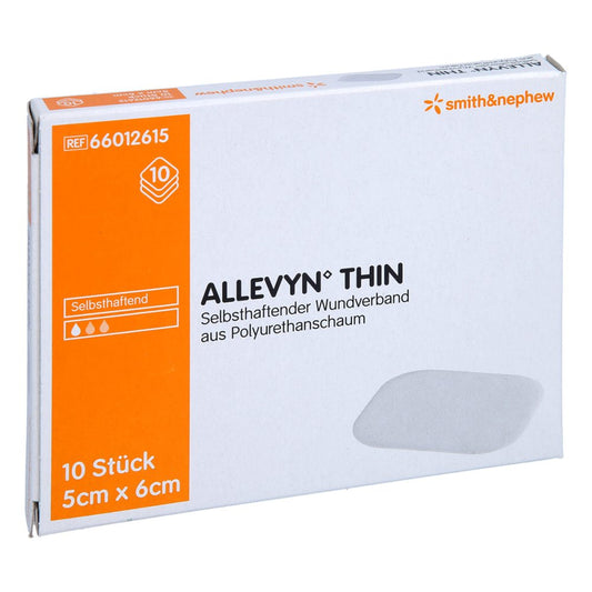 Das Produktfoto zeigt Allevyn Thin 5x6 Cm Dünne Wundauflage (10 stk) PZN 11137713