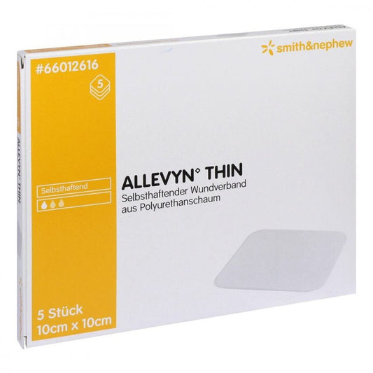 Das Produktfoto zeigt Allevyn Thin 10x10 Cm Dünne Wundauflage (5 stk) PZN 11137742