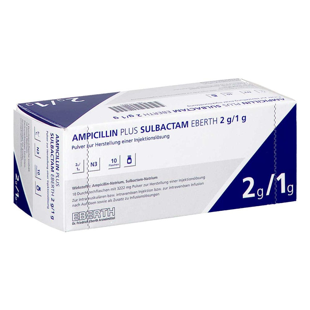 Das Produktfoto zeigt Ampicillin Plus Sulbactam Eberth 2 G/1 G 20ml-Dsfl (10 stk) PZN 11138670