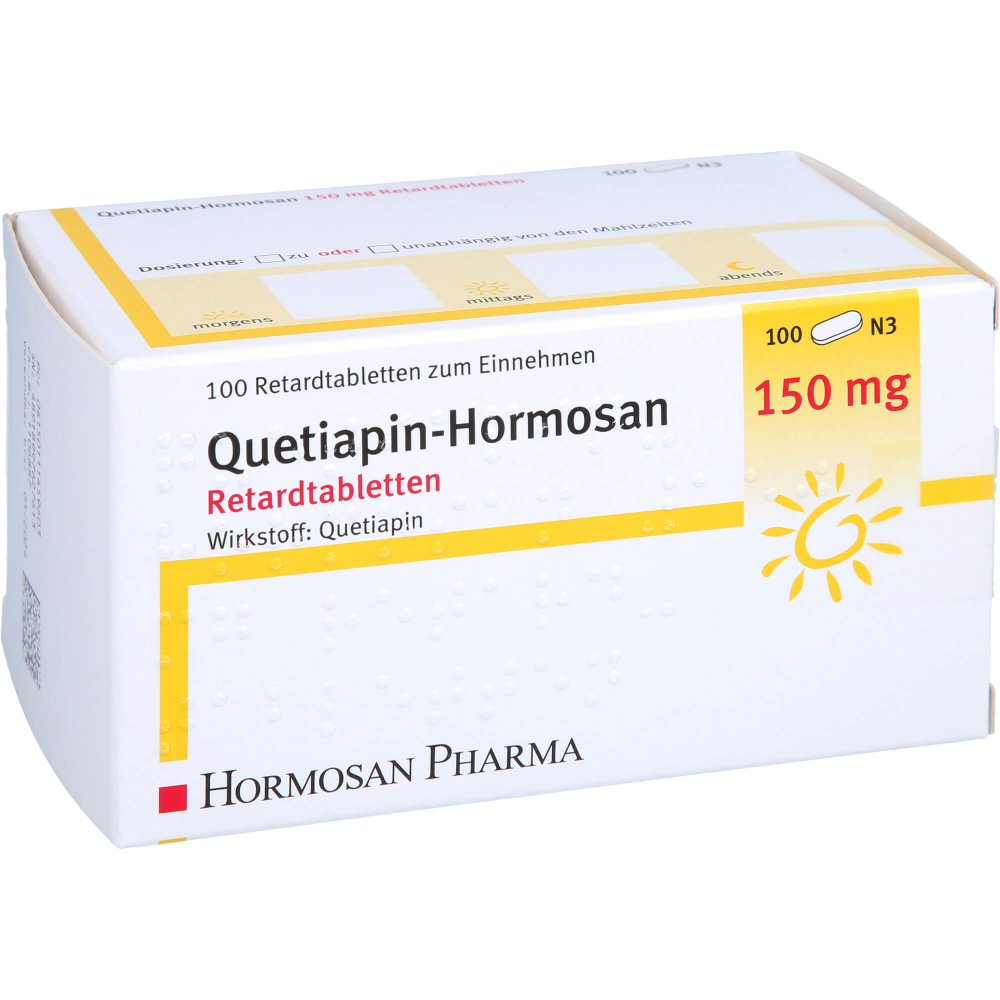 Das Produktfoto zeigt Quetiapin Hormosan 150 Mg Retardtabletten (100 stk) PZN 11145960