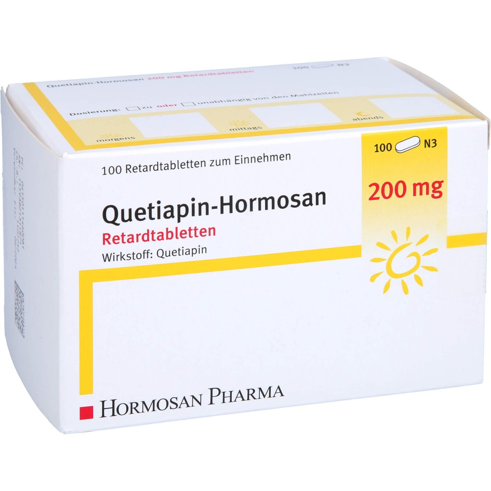 Das Produktfoto zeigt Quetiapin Hormosan 200 Mg Retardtabletten (100 stk) PZN 11146008