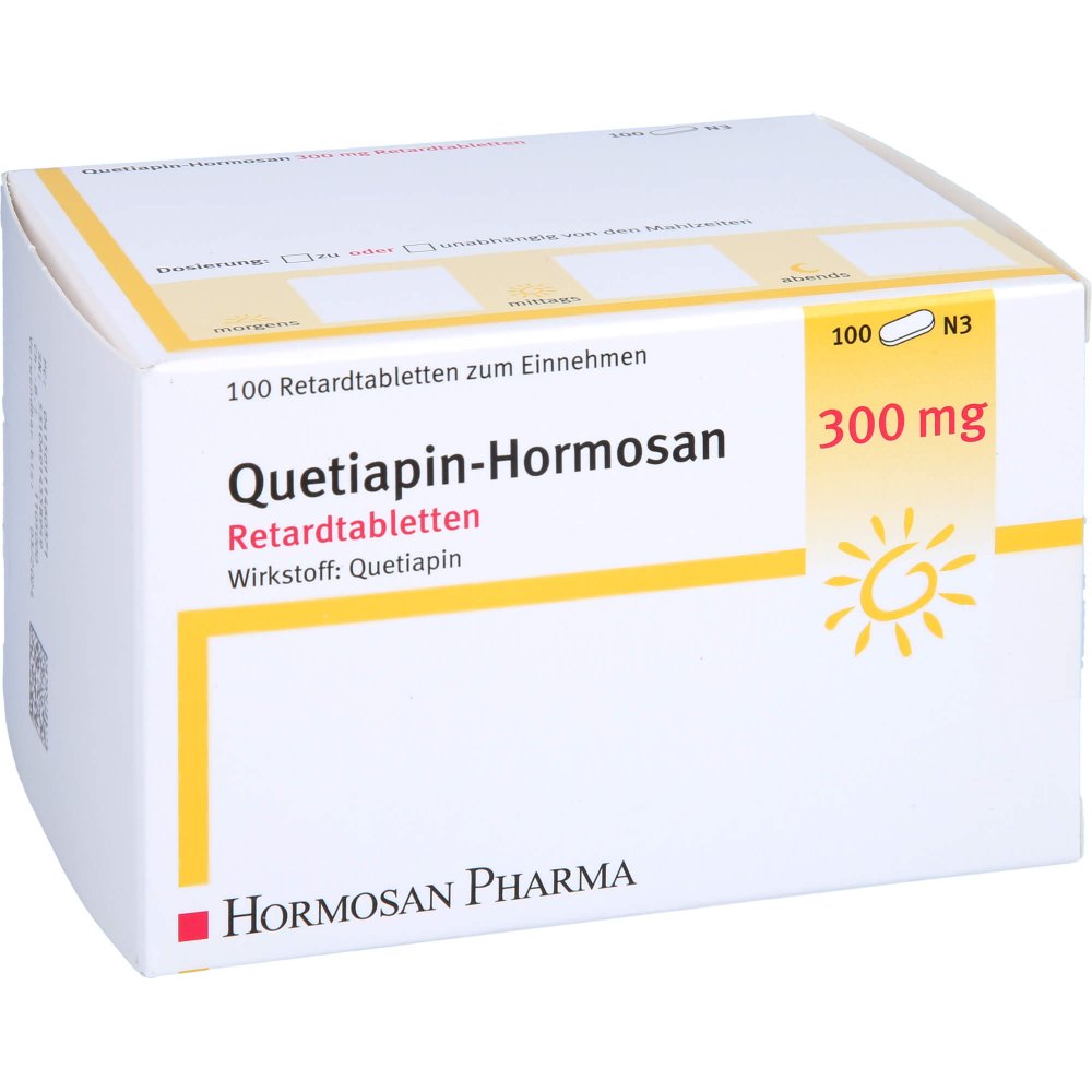 Das Produktfoto zeigt Quetiapin Hormosan 300 Mg Retardtabletten (100 stk) PZN 11146037