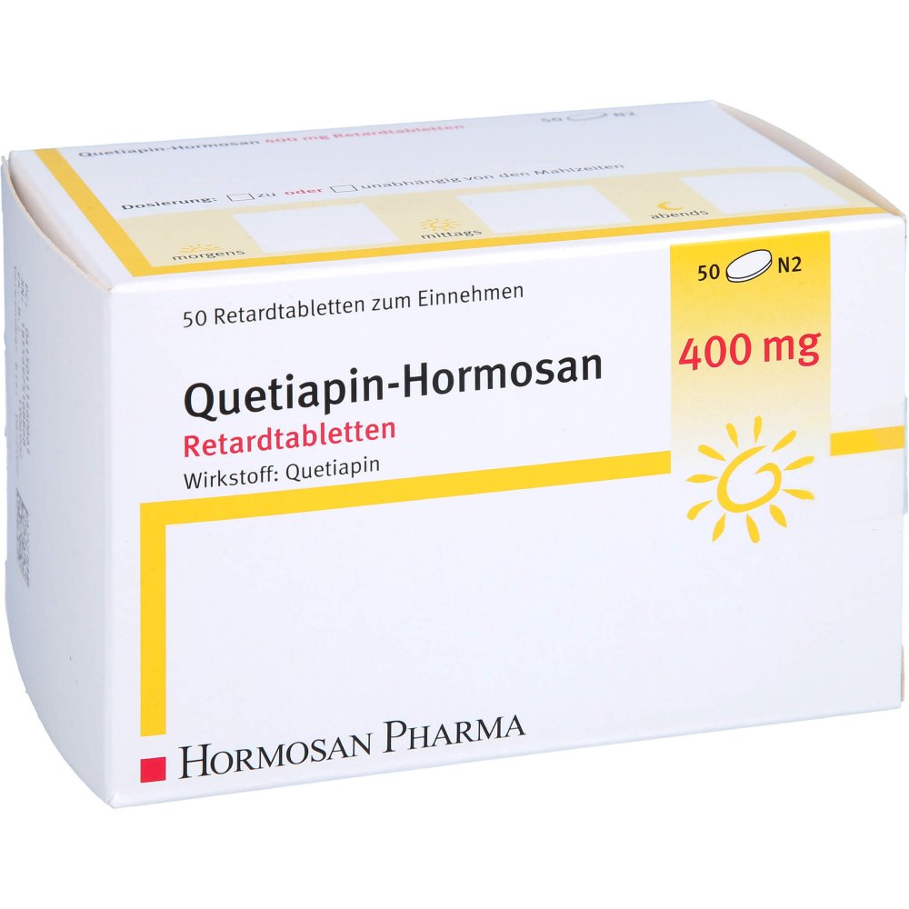 Das Produktfoto zeigt Quetiapin Hormosan 400 Mg Retardtabletten (50 stk) PZN 11146066