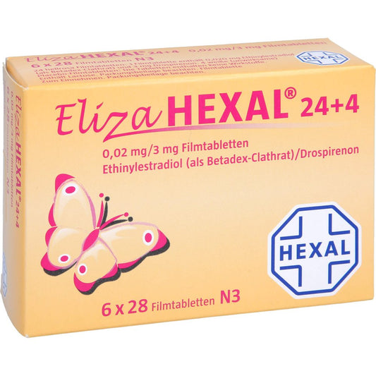 Das Produktfoto zeigt Eliza Hexal 24+4 0,02 Mg/3 Mg Filmtabletten (6X28 stk) PZN 11157495