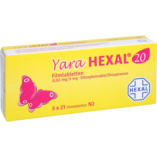 Das Produktfoto zeigt Yara Hexal 20 0,02 Mg/3 Mg Filmtabletten (3X21 stk) PZN 11157503