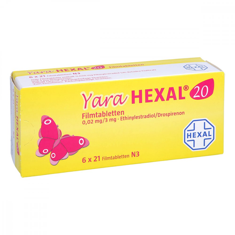 Das Produktfoto zeigt Yara Hexal 20 0,02 Mg/3 Mg Filmtabletten (6X21 stk) PZN 11157532