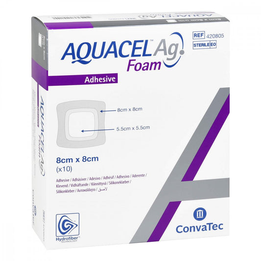 Das Produktfoto zeigt Aquacel Ag Foam Adhäsiv 8x8 Cm Verband (10 stk) PZN 11159548