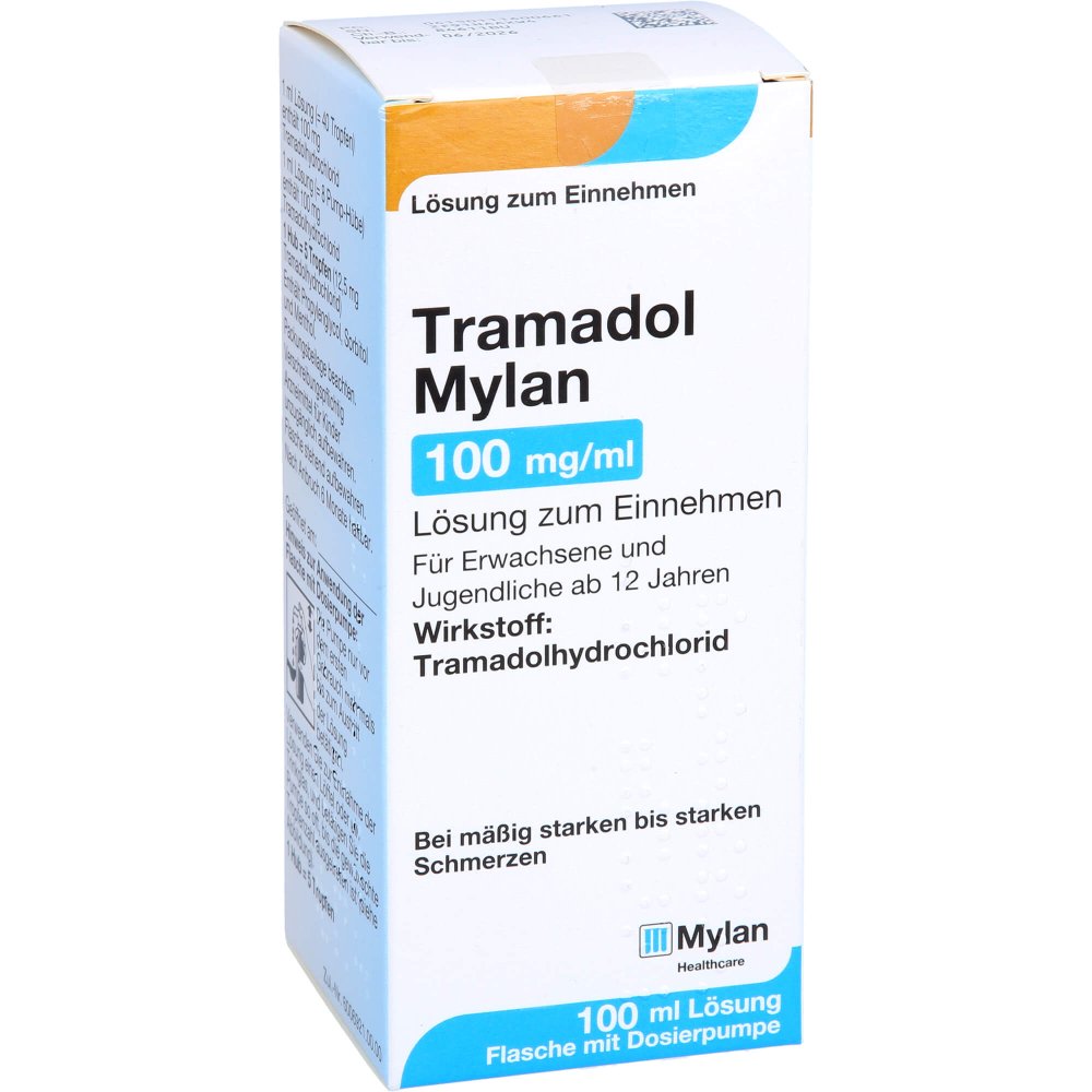 Das Produktfoto zeigt Tramadol Mylan 100 Mg/Ml Lsg.Zum Einn.Tropfflasche (100 ml) PZN 11160066
