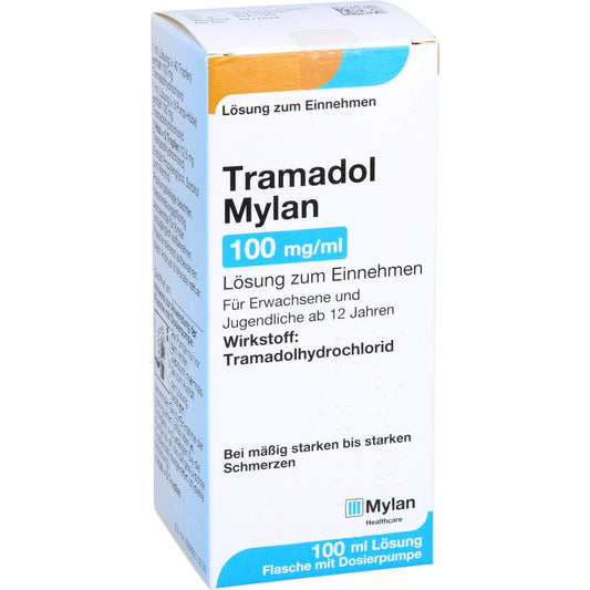 Das Produktfoto zeigt Tramadol Mylan 100 Mg/Ml Lsg.Zum Einn.Tropfflasche (100 ml) PZN 11160066