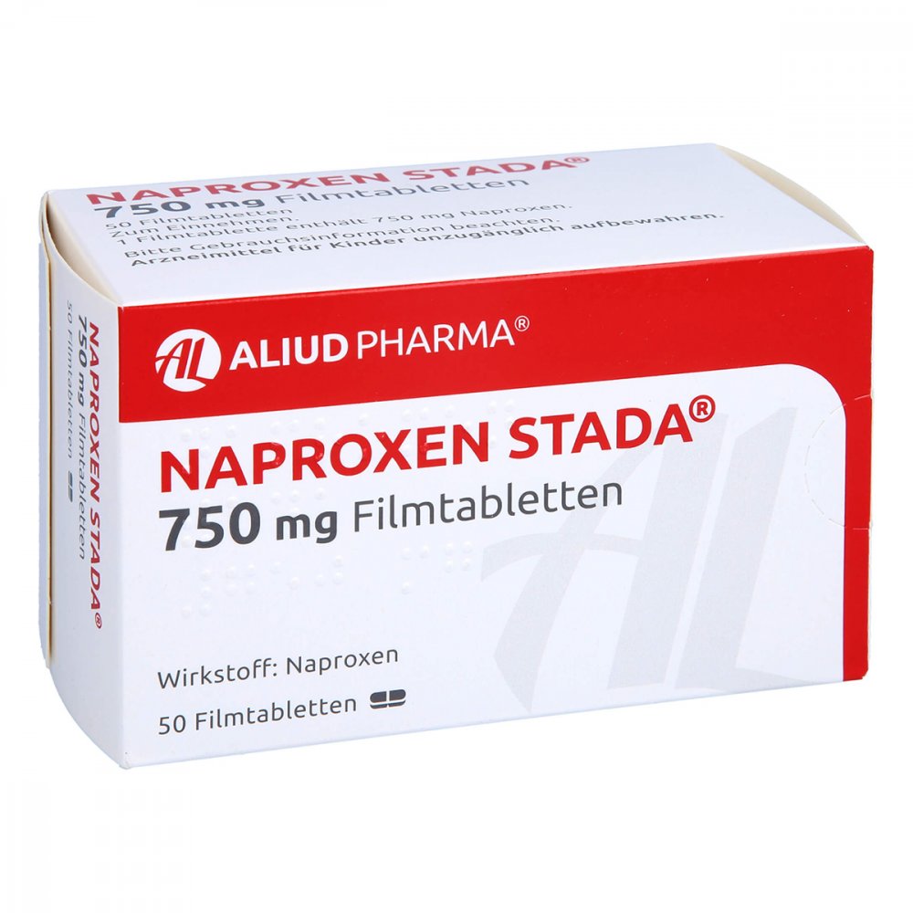 Das Produktfoto zeigt Naproxen Stada 750 Mg Filmtabletten Aliud (50 stk) PZN 11160416