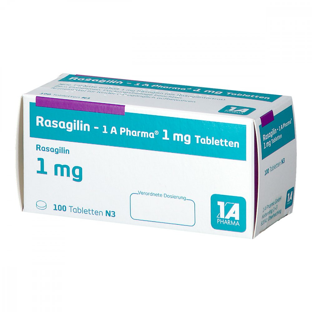 Das Produktfoto zeigt Rasagilin-1a Pharma 1 Mg Tabletten (100 stk) PZN 11172218