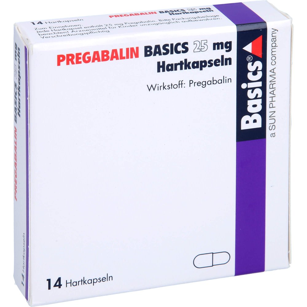 Das Produktfoto zeigt Pregabalin Basics 25 Mg Hartkapseln (14 stk) PZN 11172224