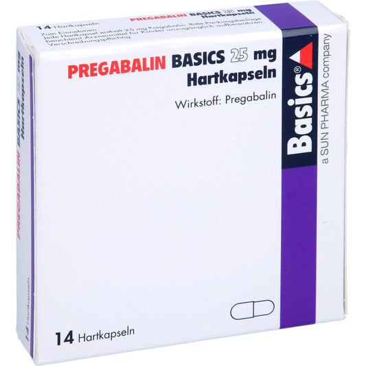 Das Produktfoto zeigt Pregabalin Basics 25 Mg Hartkapseln (14 stk) PZN 11172224