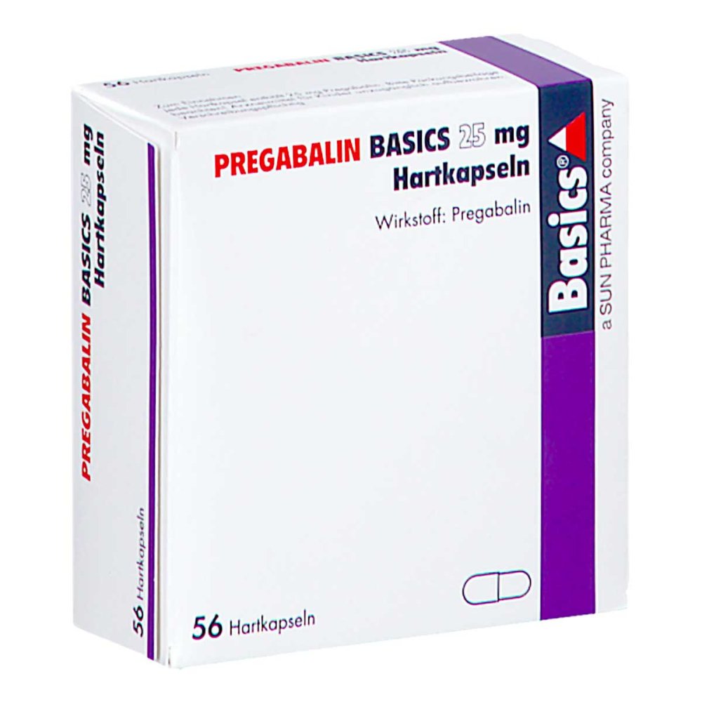 Das Produktfoto zeigt Pregabalin Basics 25 Mg Hartkapseln (56 stk) PZN 11172230