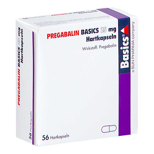 Das Produktfoto zeigt Pregabalin Basics 25 Mg Hartkapseln (56 stk) PZN 11172230