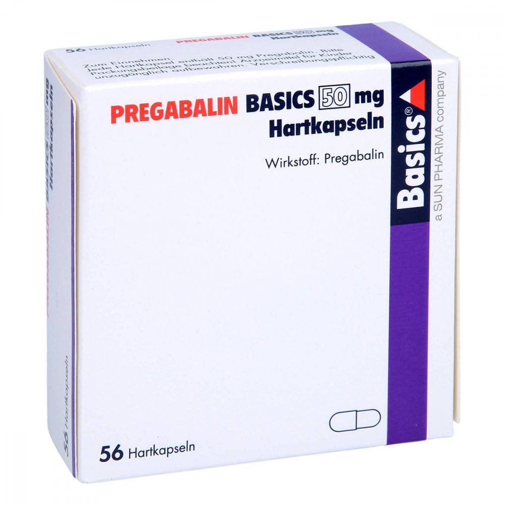 Das Produktfoto zeigt Pregabalin Basics 50 Mg Hartkapseln (56 stk) PZN 11172282