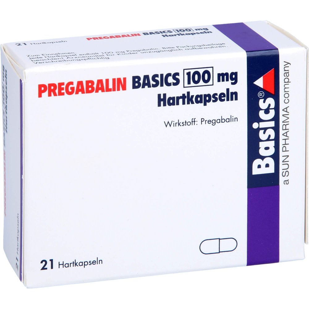 Das Produktfoto zeigt Pregabalin Basics 100 Mg Hartkapseln (21 stk) PZN 11172359