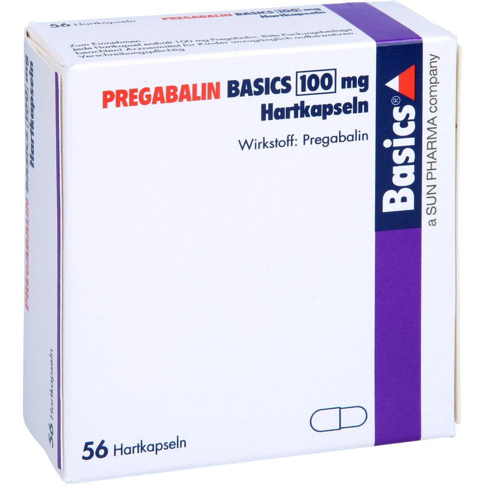 Das Produktfoto zeigt Pregabalin Basics 100 Mg Hartkapseln (56 stk) PZN 11172365