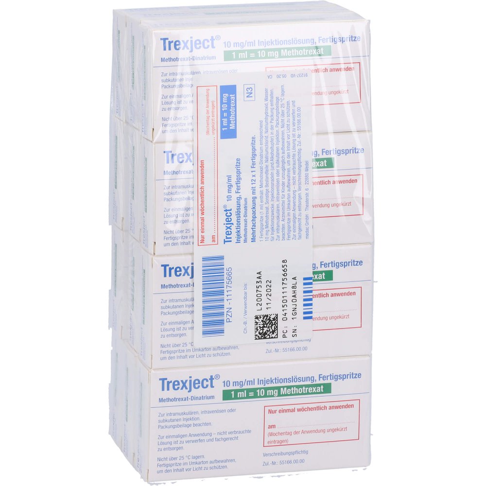 Das Produktfoto zeigt Trexject 10 Mg (10 Mg/Ml) Inj.-Lsg.I.E.F.-Sp. (12 stk) PZN 11175665