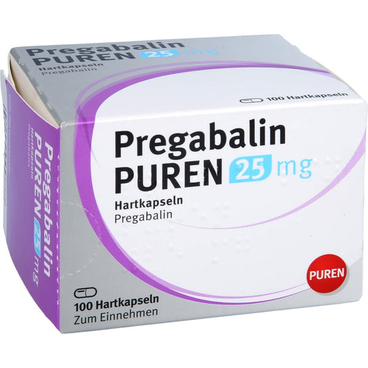 Das Produktfoto zeigt Pregabalin Puren 25 Mg Hartkapseln (100 stk) PZN 11176038